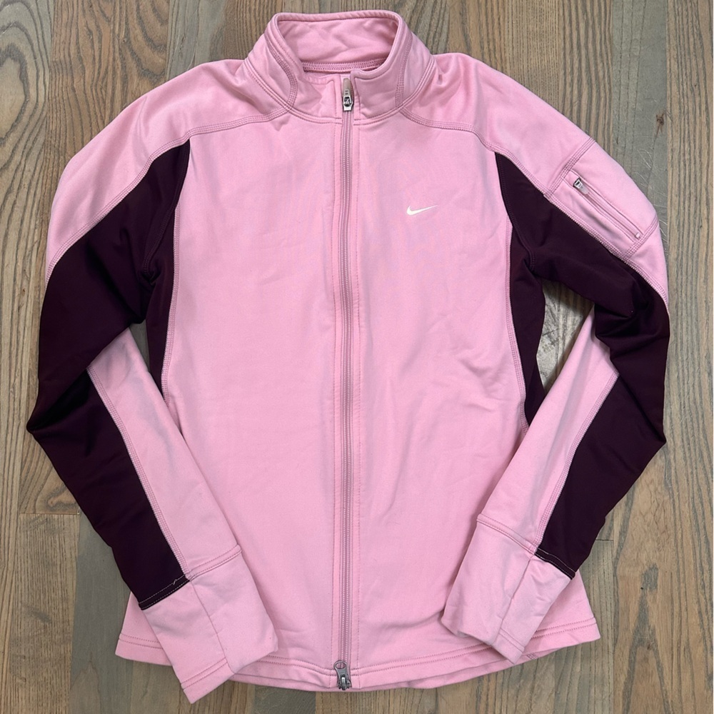 Nike Women's Pink and Maroon Drifit Full-Zip Sweatshirt